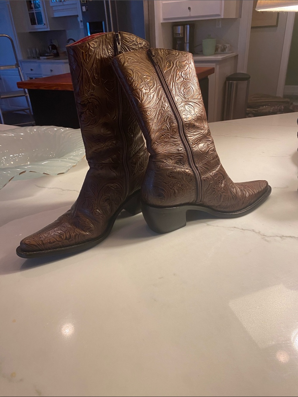 Gianni Bini Brown Embossed Leather Mid-Calf Heeled Boots
